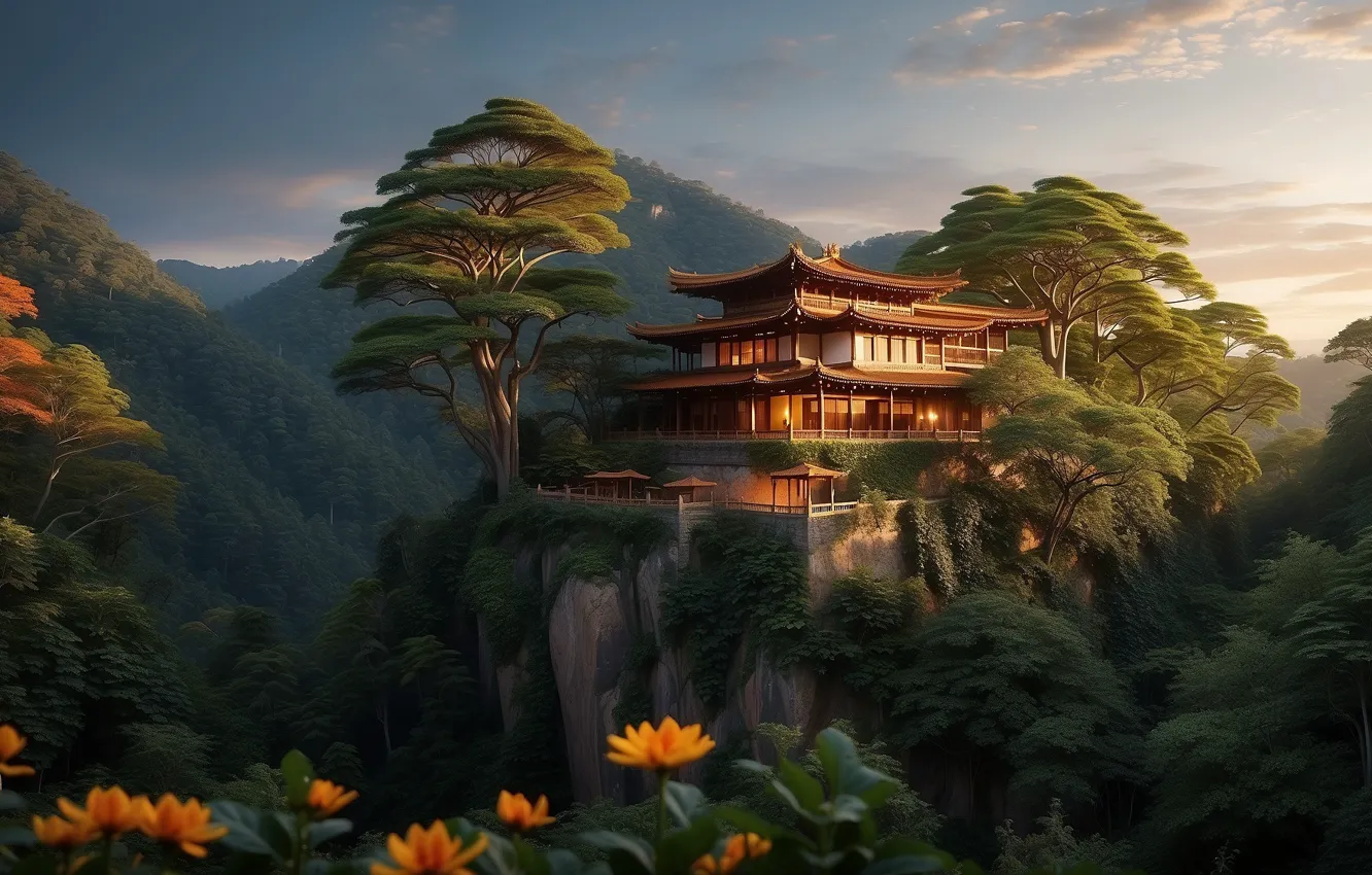 Photo wallpaper house, trees, nature, mountains, artwork, Chinese architecture