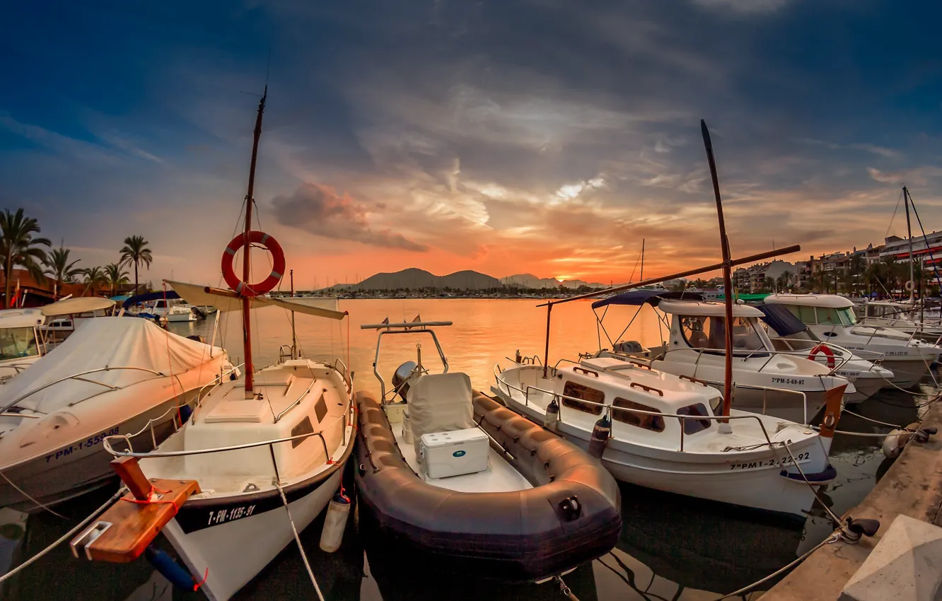 Photo wallpaper sunset, mountains, the city, yachts, boats