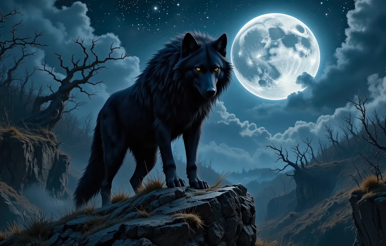 Photo wallpaper the sky, clouds, mountains, night, branches, fog, open, rocks