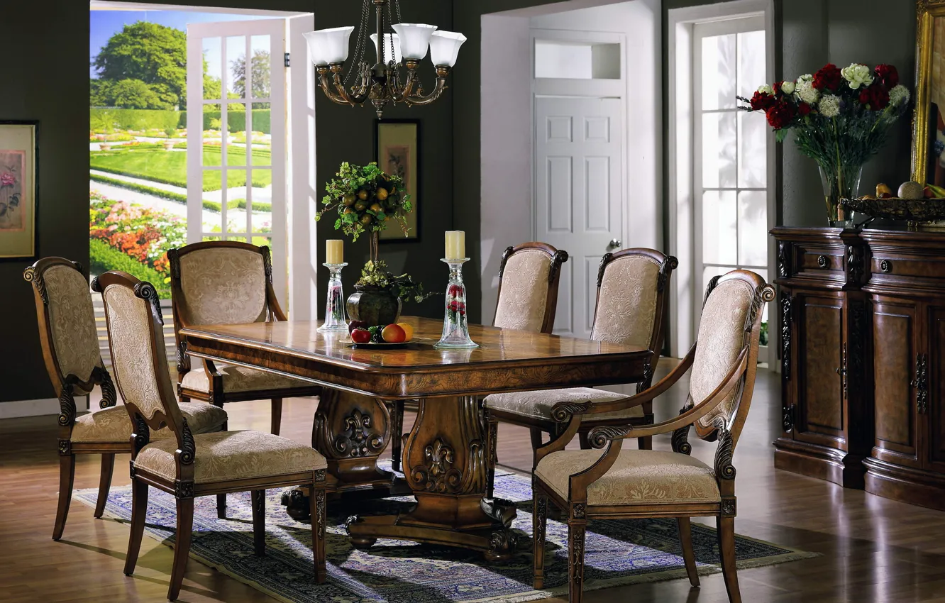 Photo wallpaper flowers, table, interior, bouquet, chair, garden, chair, balcony