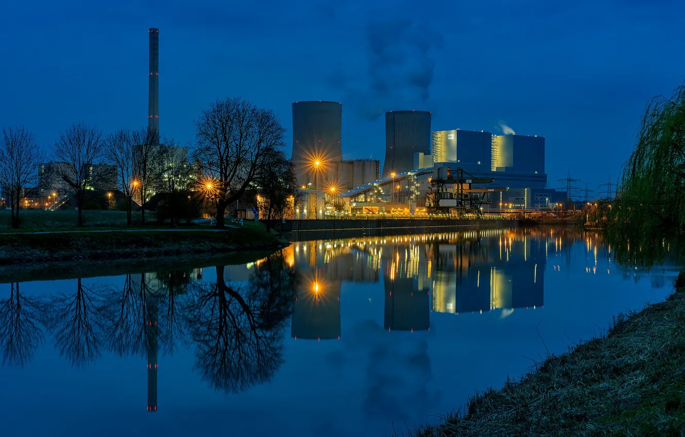 Photo wallpaper night, lights, Germany, channel, Hamm, nuclear power station