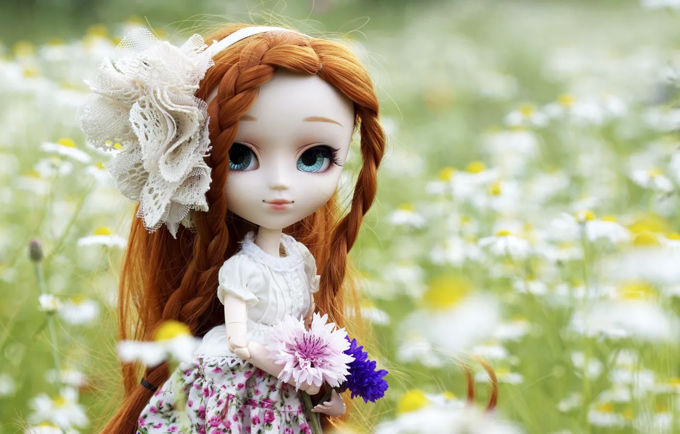 Photo wallpaper flowers, nature, toy, doll, dress, braid, red, bow