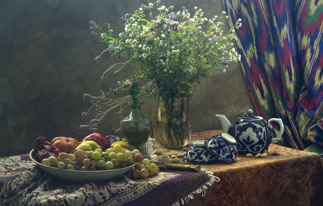Photo wallpaper Cup, bowl, flowers, quince, asters, grapes, persimmon, kettle