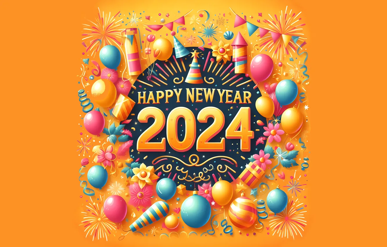 Photo wallpaper balls, strips, flowers, holiday, the inscription, balls, new year, salute