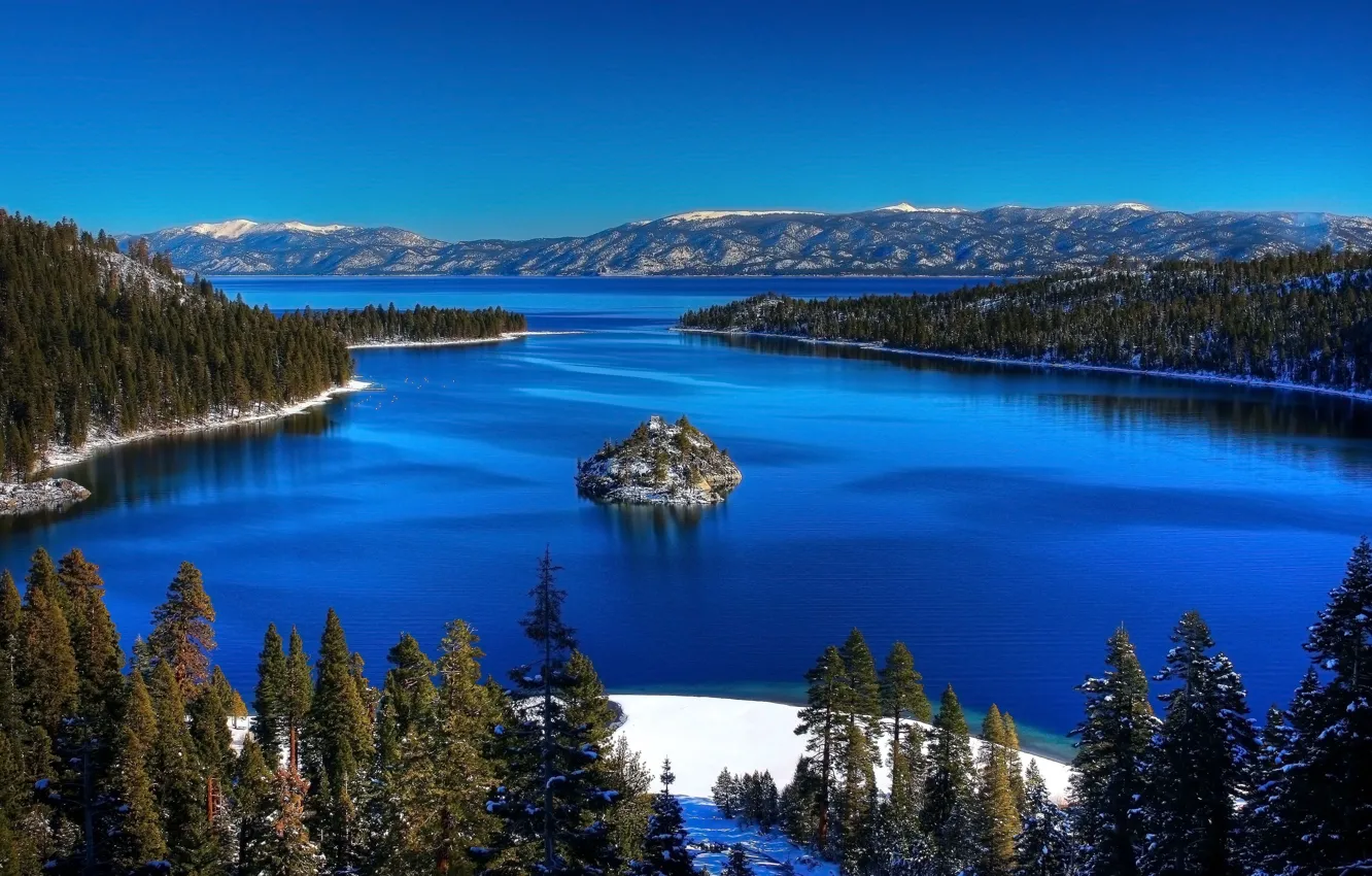 Photo wallpaper trees, lake, CA, USA, Bank, Lake Tahoe, lake Tahoe, mountain range Sierra Nevada