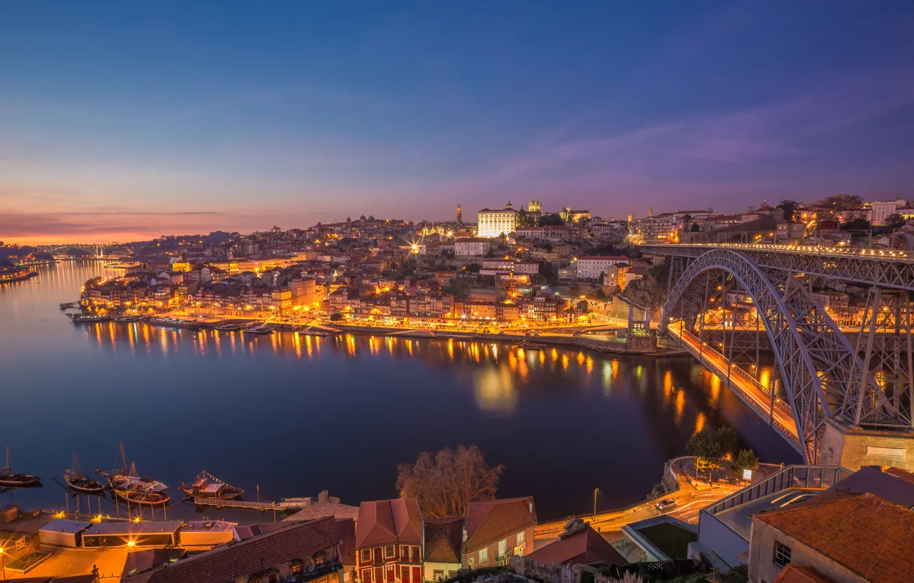 Photo wallpaper bridge, the city, lights, river, dawn, Portugal, Porto