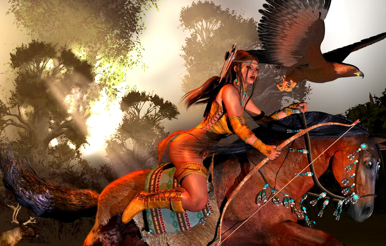 Photo wallpaper the sky, rays, trees, rendering, eagle, horse, jump, girl. animals