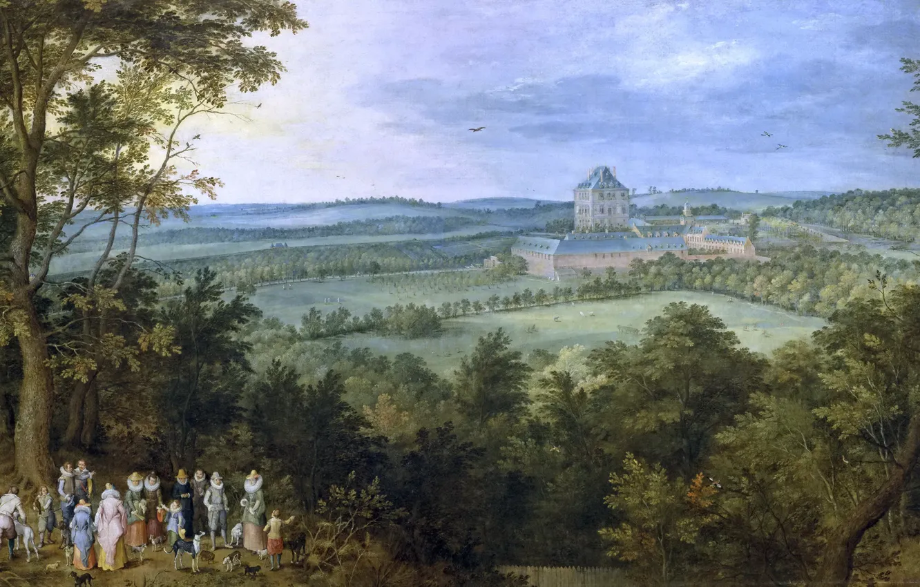 Photo wallpaper field, trees, landscape, castle, people, picture, Jan Brueghel the elder, The Hunt Of The Grand …