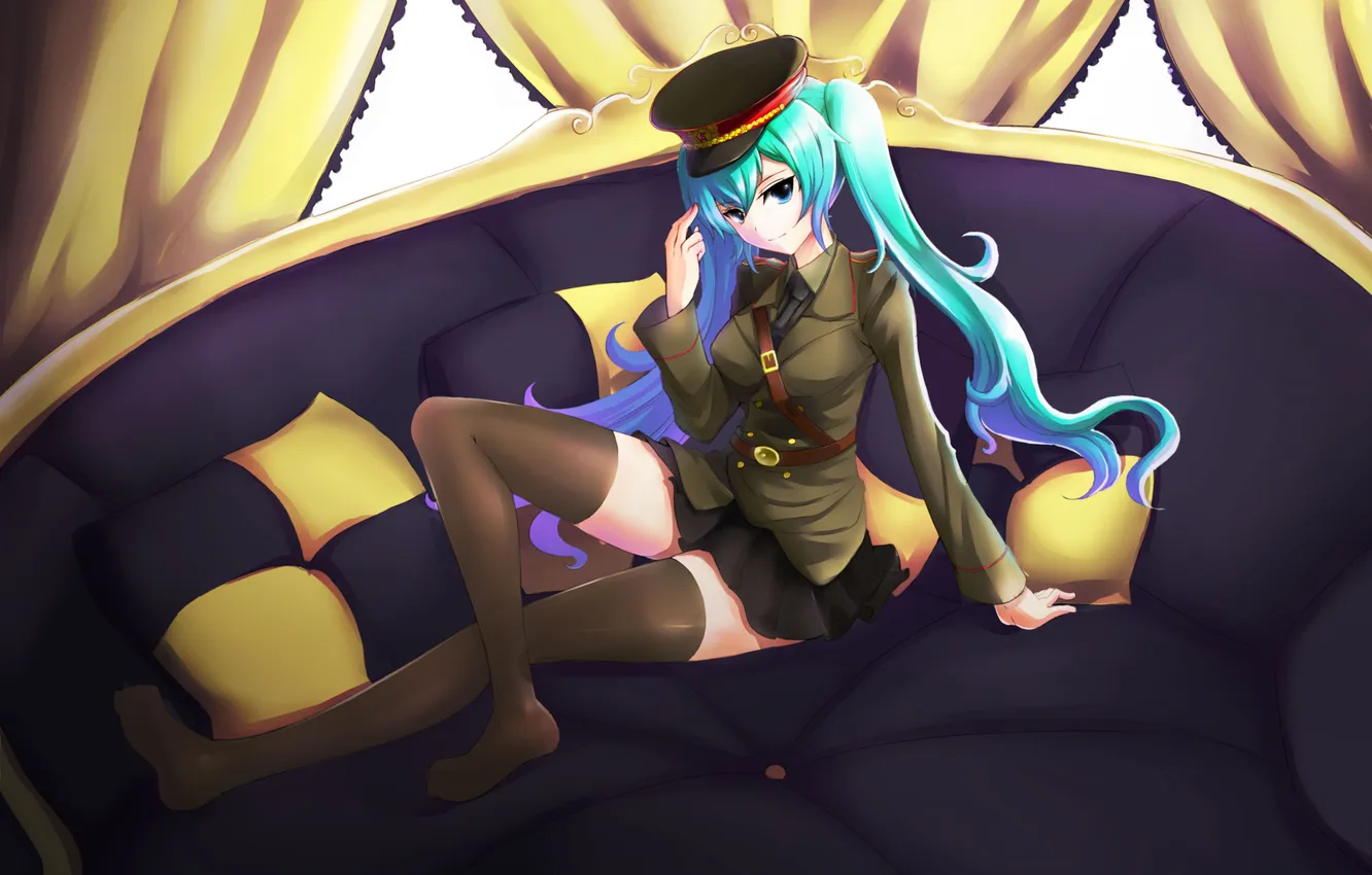 Photo wallpaper look, girl, smile, bed, vocaloid, hatsune miku, Vocaloid, art