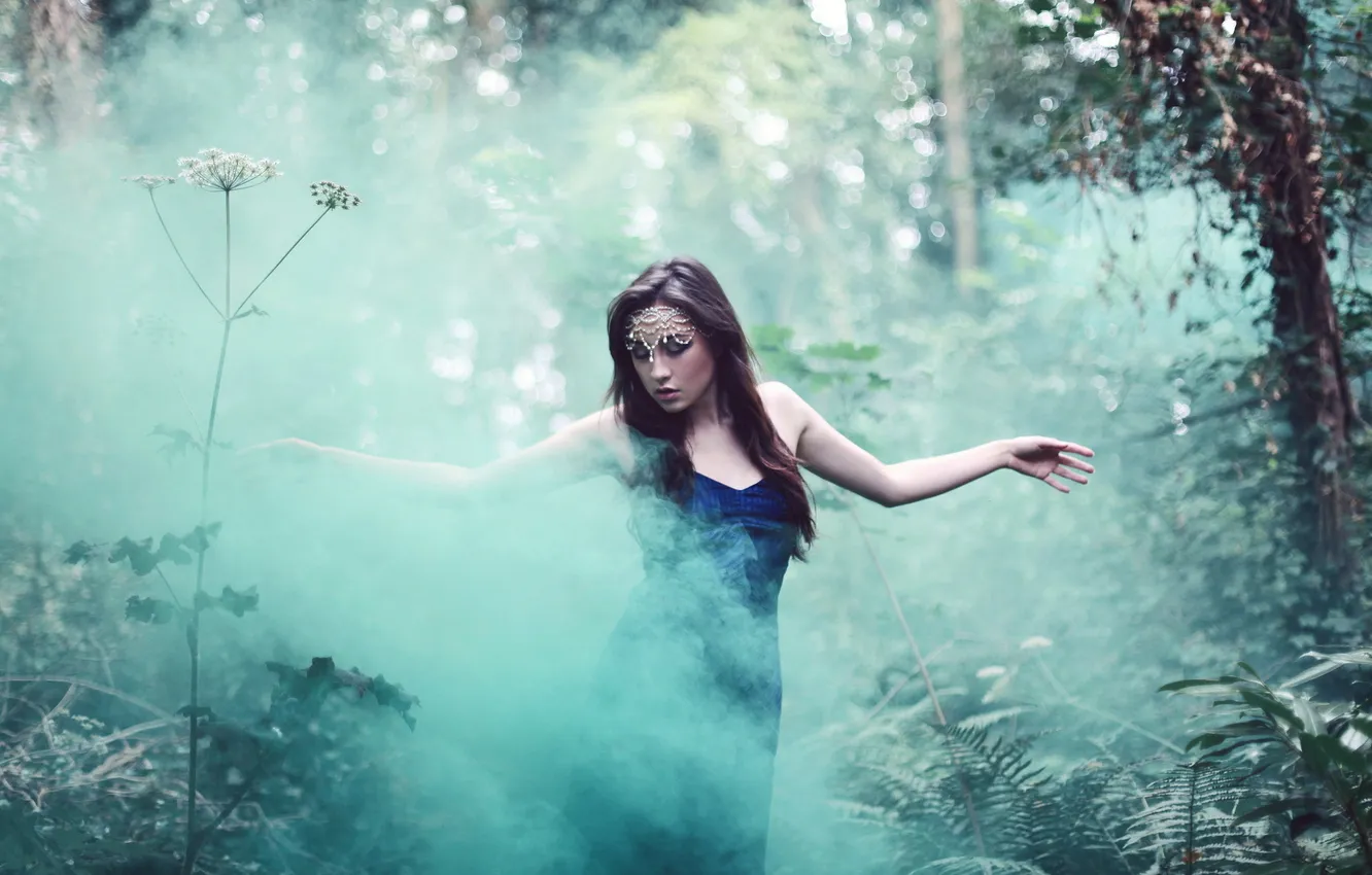 Photo wallpaper forest, girl, fog