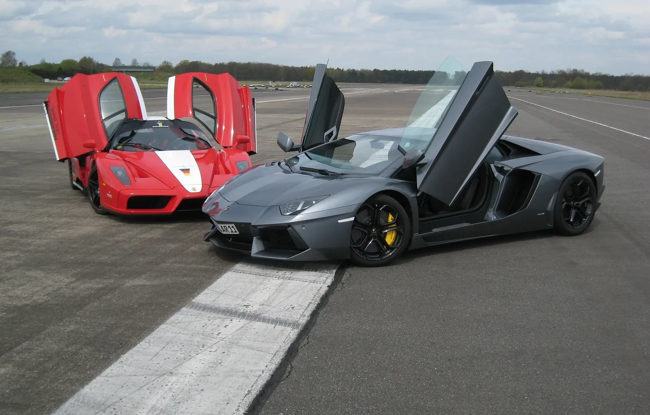 Photo wallpaper white, the sky, clouds, red, strip, grey, Lamborghini, Ferrari