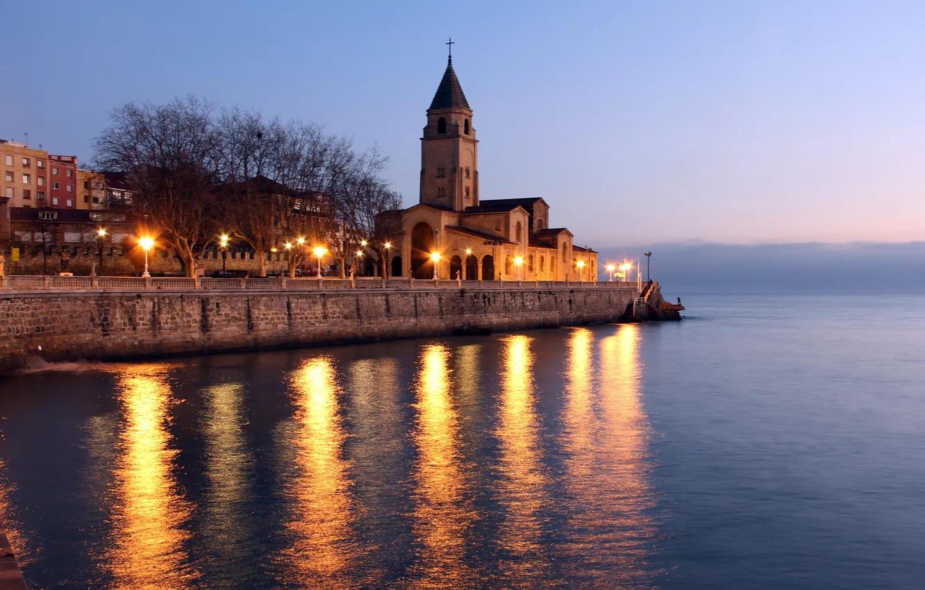 Photo wallpaper sea, the city, lights, the evening, Church, twilight, promenade