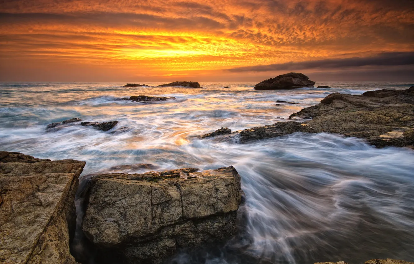 Photo wallpaper wave, landscape, stones, the ocean, dawn