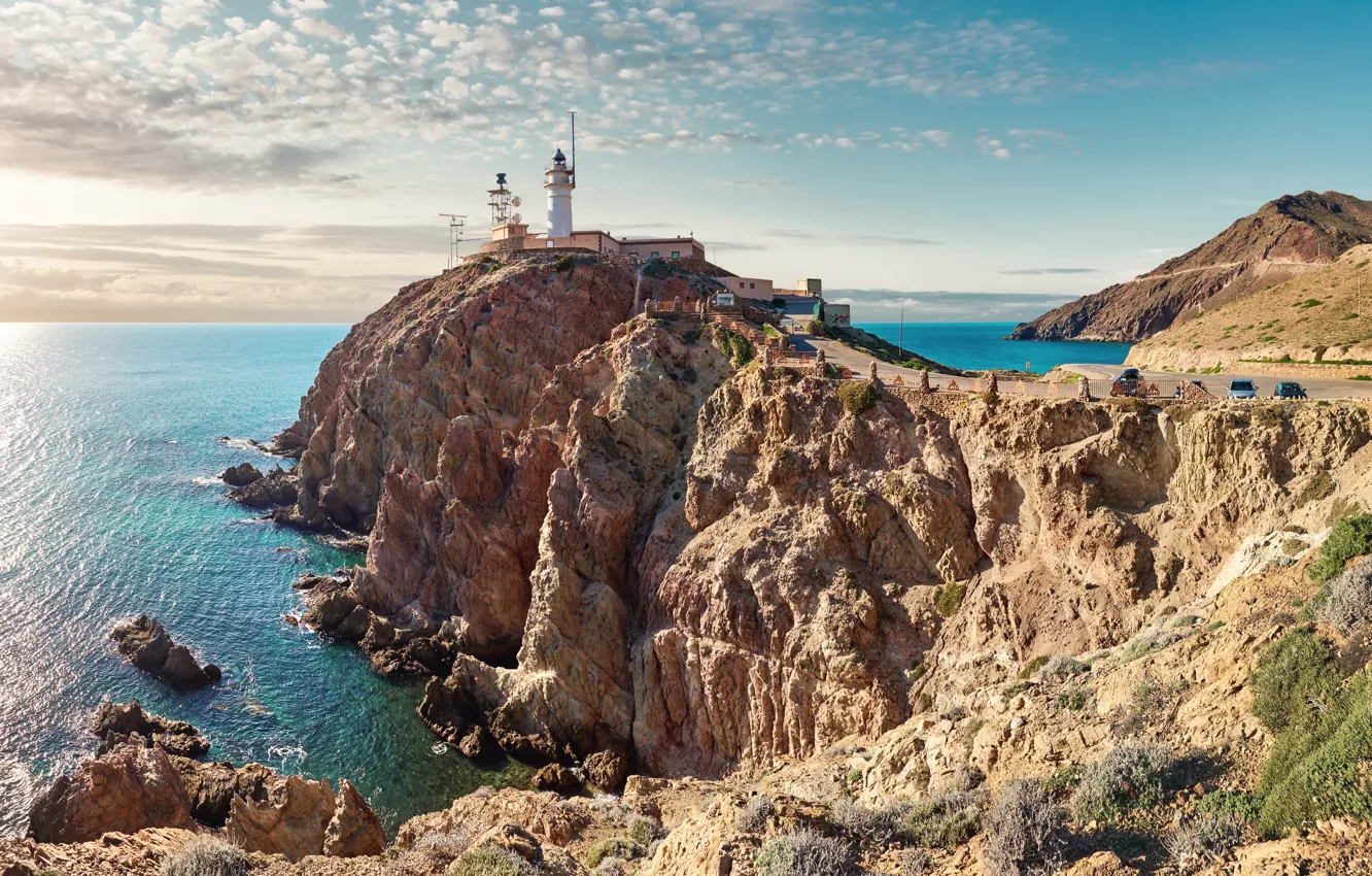 Photo wallpaper road, lighthouse, Vehicles, cliff