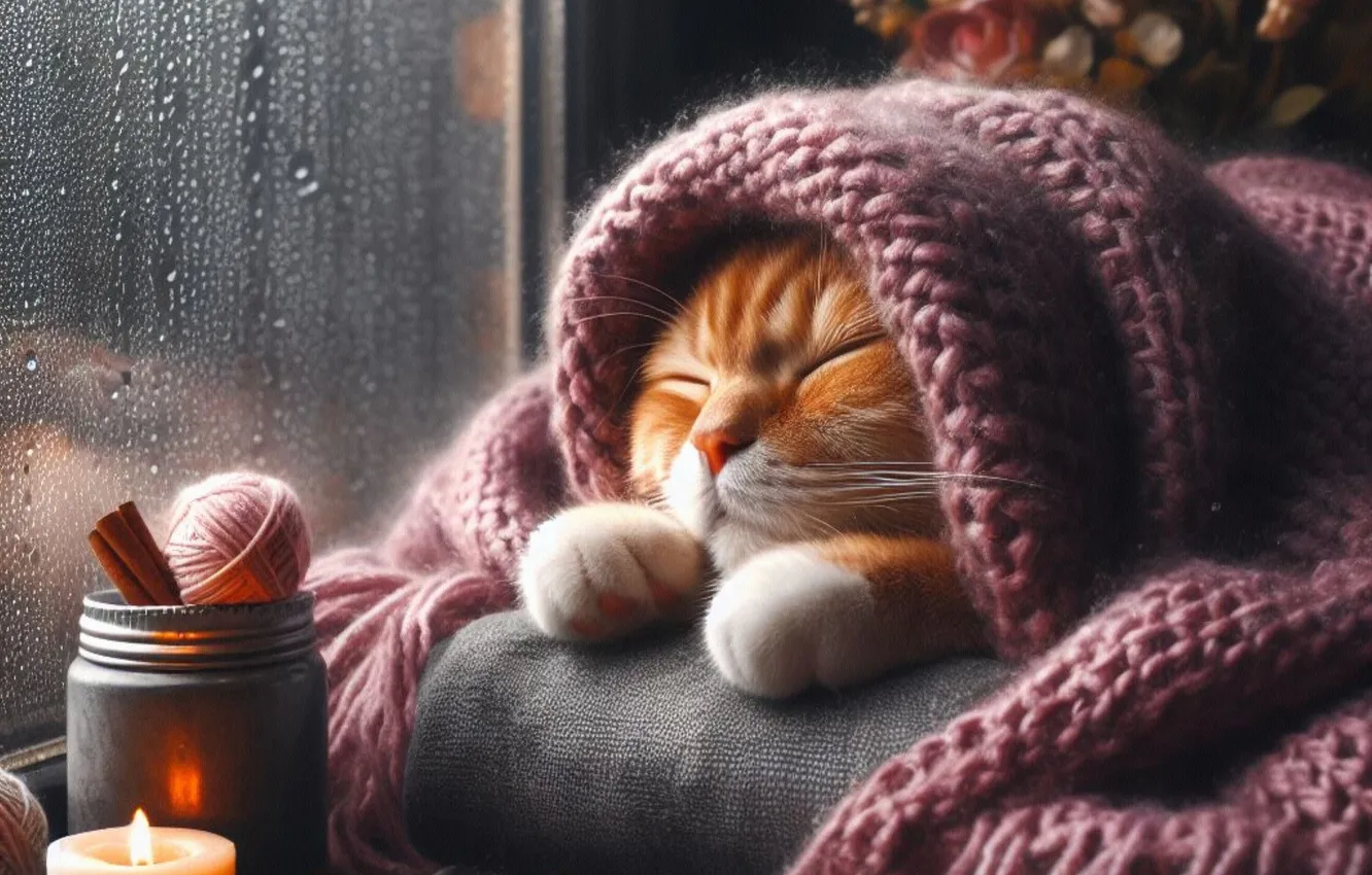 Photo wallpaper cat, cat, look, drops, tangle, pose, sleep, candles
