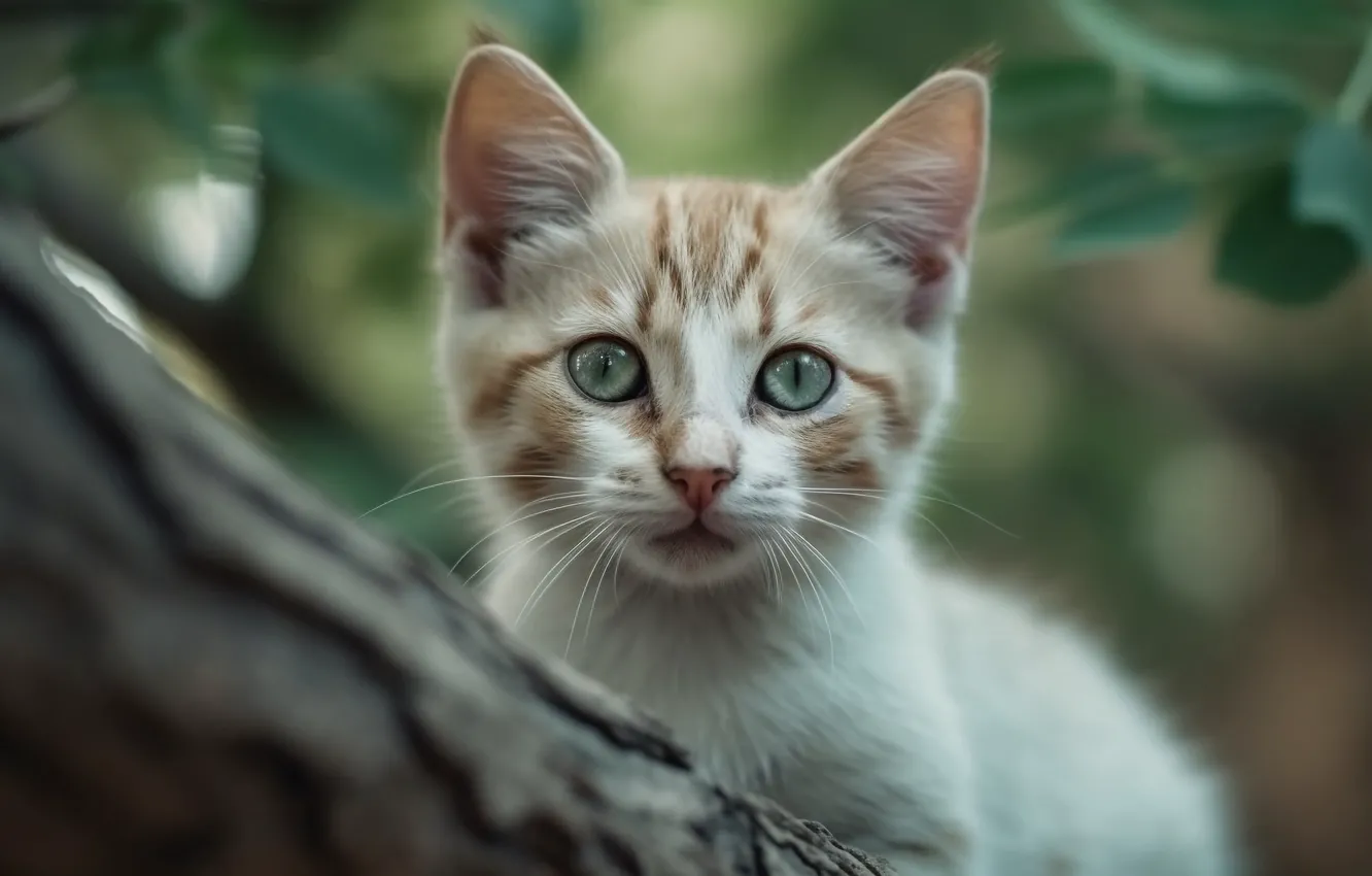 Photo wallpaper cat, cat, look, leaves, trees, nature, portrait, art