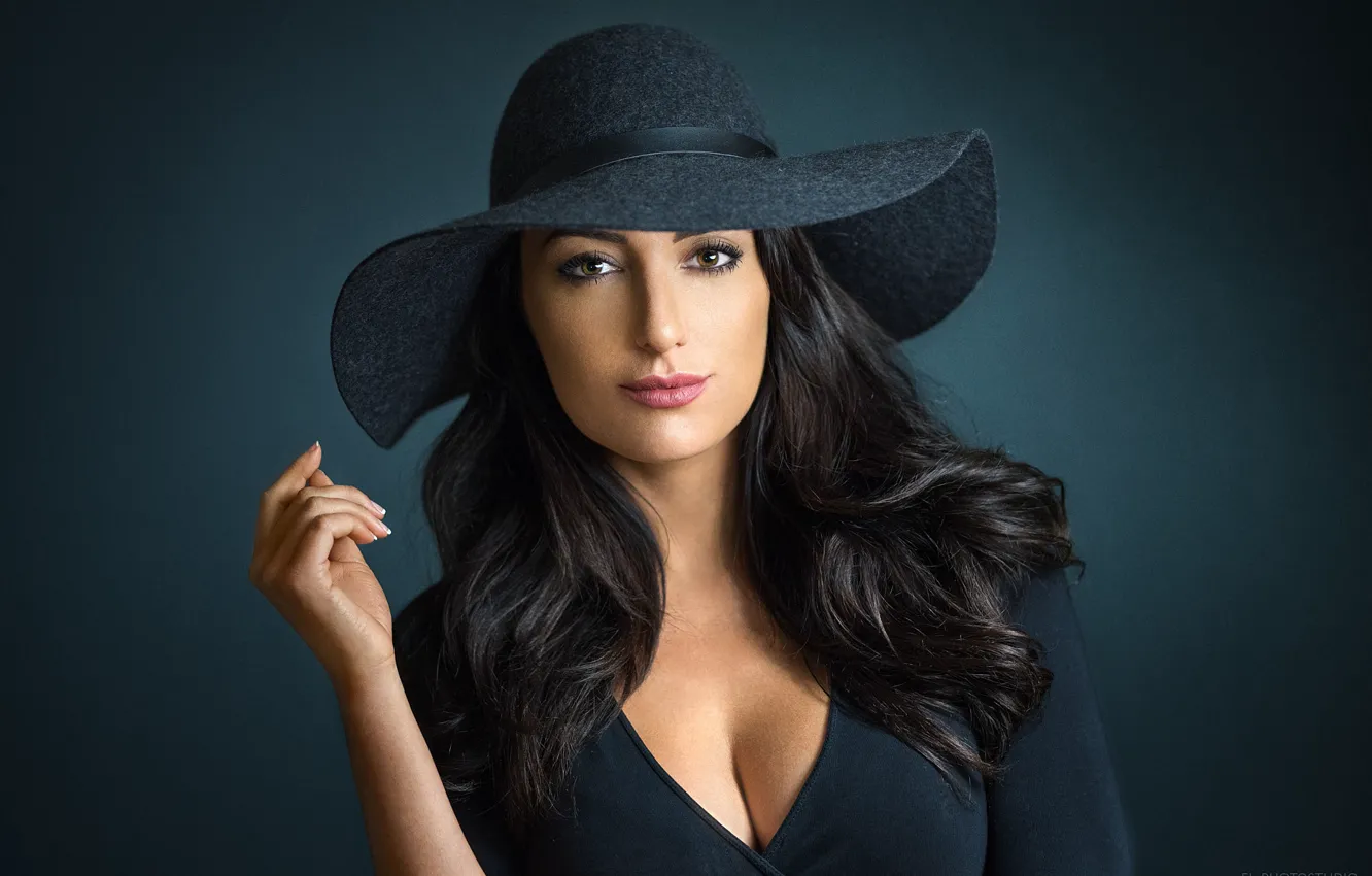 Photo wallpaper pose, background, model, portrait, hat, makeup, dress, brunette