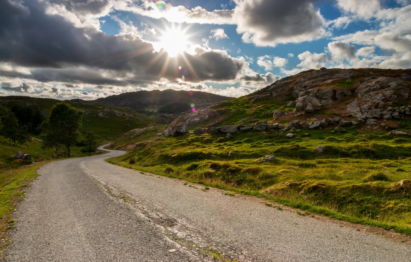 Photo wallpaper road, the sky, the sun, clouds, Norway