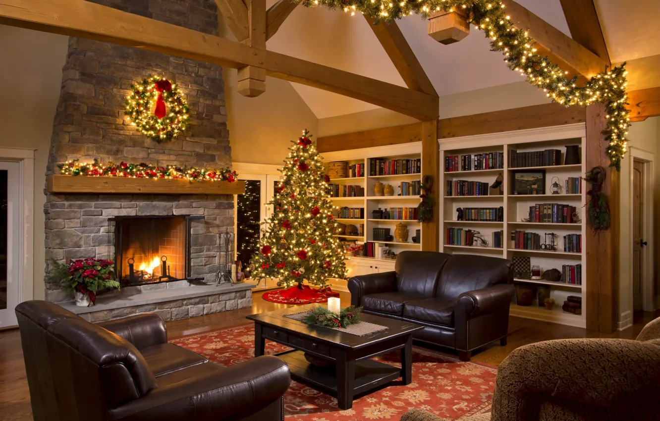Photo wallpaper decoration, tree, Christmas, New year, fireplace