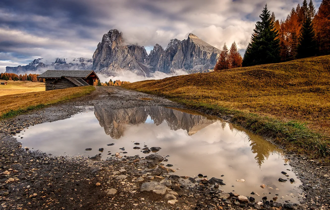 Photo wallpaper autumn, forest, the sky, clouds, mountains, pebbles, stones, shore