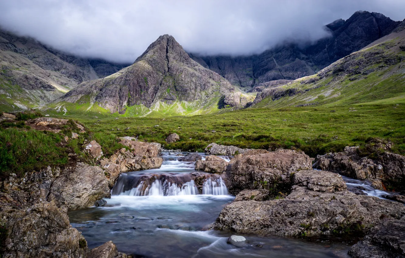 Photo wallpaper grass, clouds, mountains, fog, stream, stones, waterfall, Scotland