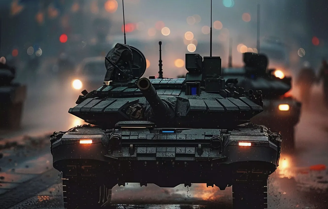 Photo wallpaper night, lights, highway, tank, digital art, AI art, The Art of Artificial Intelligence, neural network