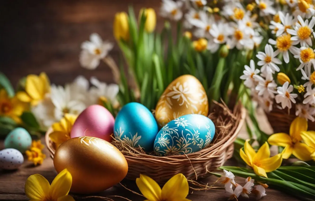 Photo wallpaper flowers, eggs, spring, colorful, Easter, happy, flowers, spring