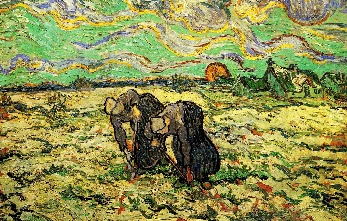 Photo wallpaper the sun, clouds, Vincent van Gogh, women working in the garden, Two Peasant, Women Digging …