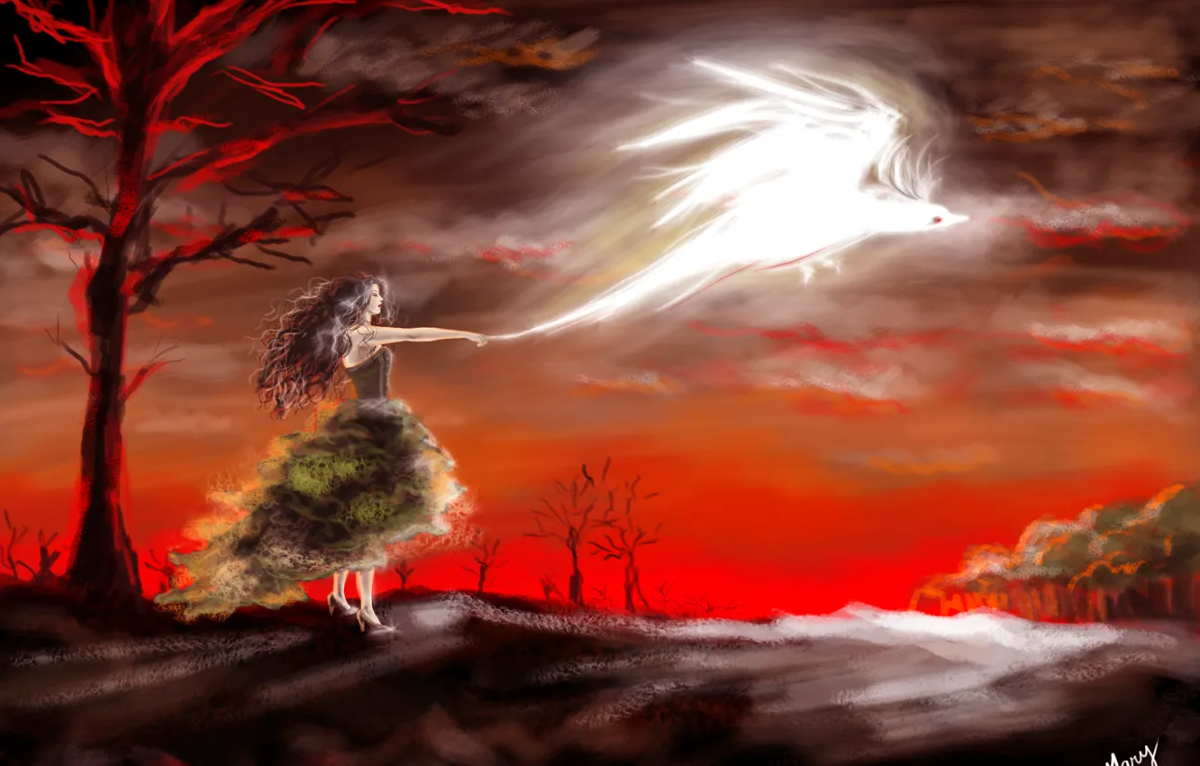 Photo wallpaper girl, trees, red, bird, dress, art, profile, painting