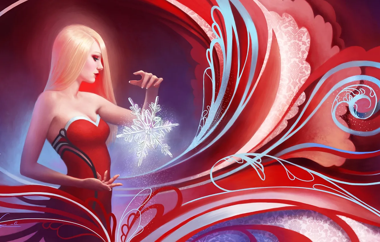 Photo wallpaper girl, line, snowflakes, abstraction, art, blonde, profile