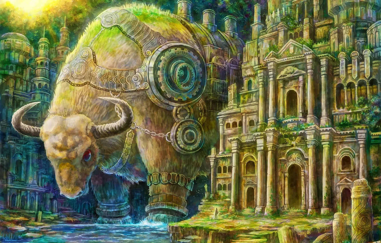 Photo wallpaper the city, river, mechanism, art, Buffalo, giant, kemi neko