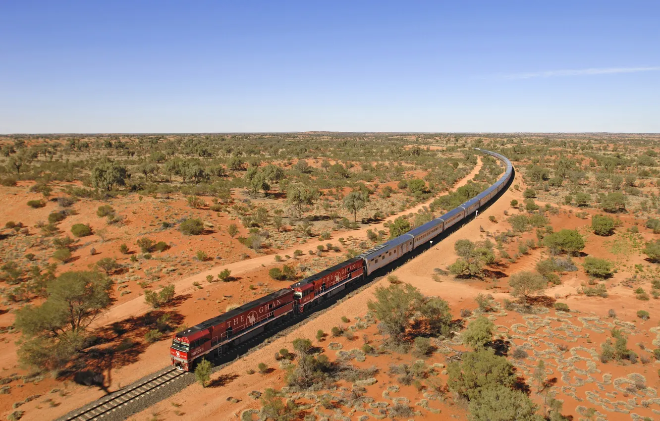 Photo wallpaper desert, cars, Australia, railroad, locomotive, passenger train, The Ghan