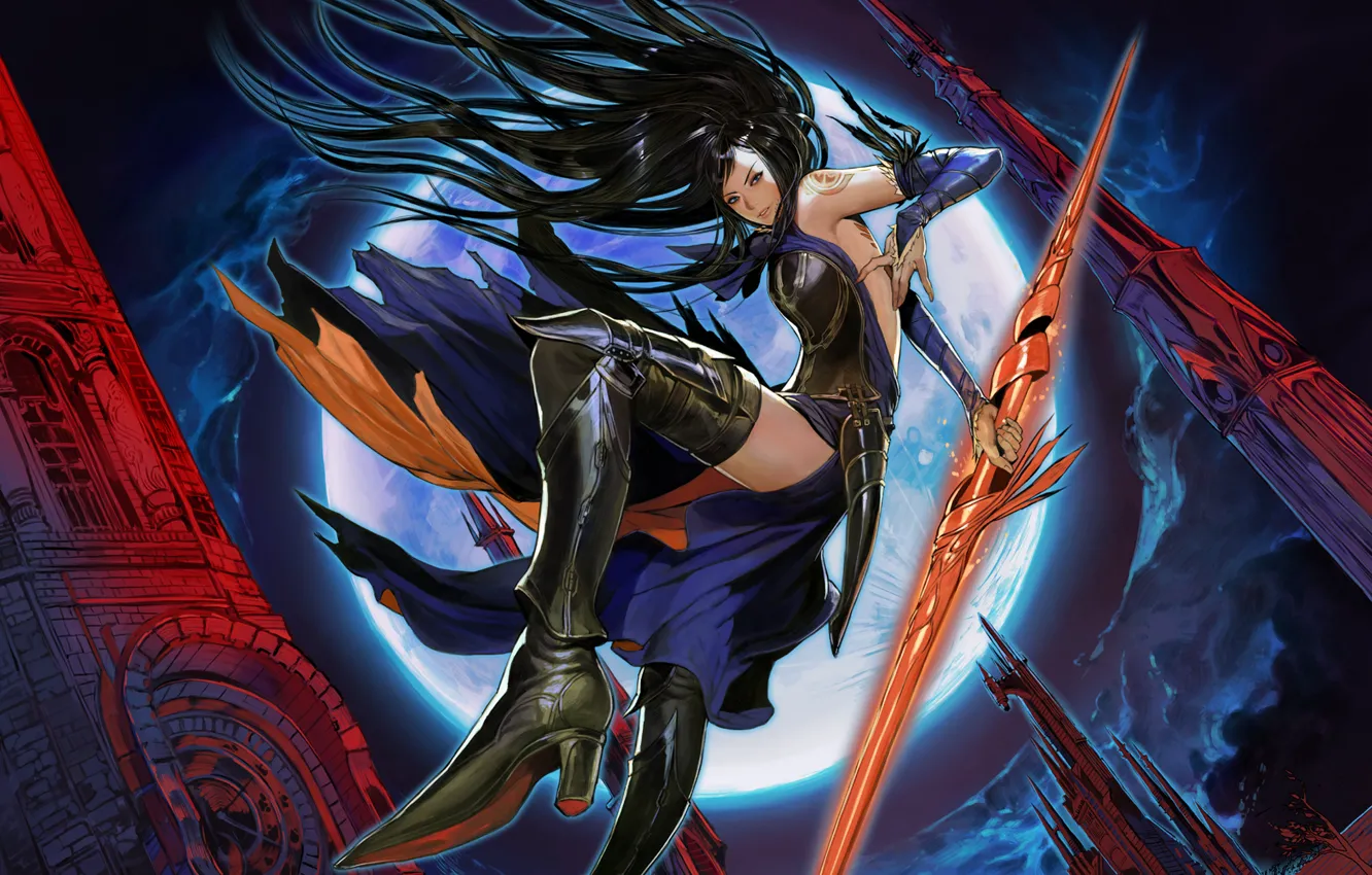 Photo wallpaper girl, weapons, jump, the moon, Order of Ecclesia, castlevania, Shanoa