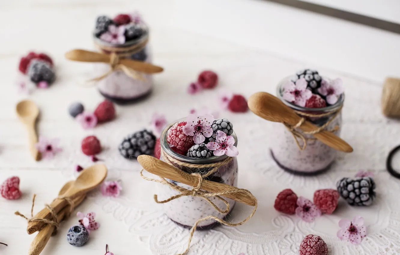Photo wallpaper flowers, berries, spoon, dessert
