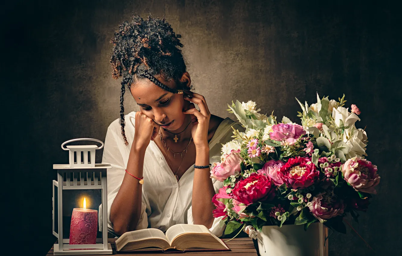 Photo wallpaper girl, bouquet, candles, book, reading