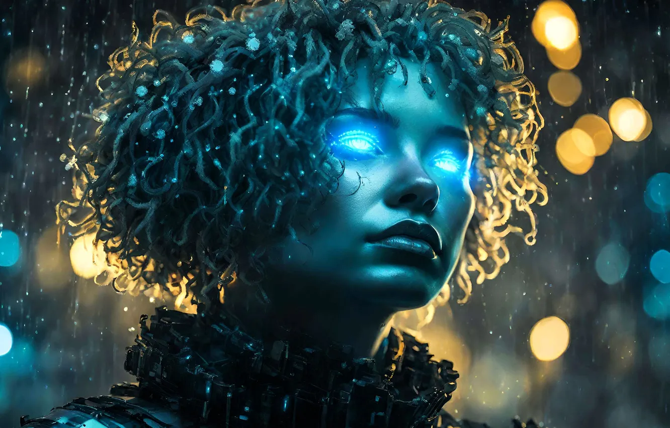 Photo wallpaper eyes, girl, drops, light, face, lights, glare, fiction