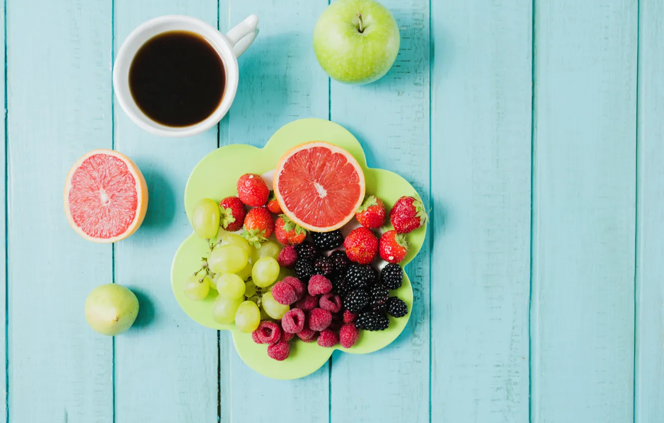 Photo wallpaper berries, coffee, Breakfast, grapes, fruit