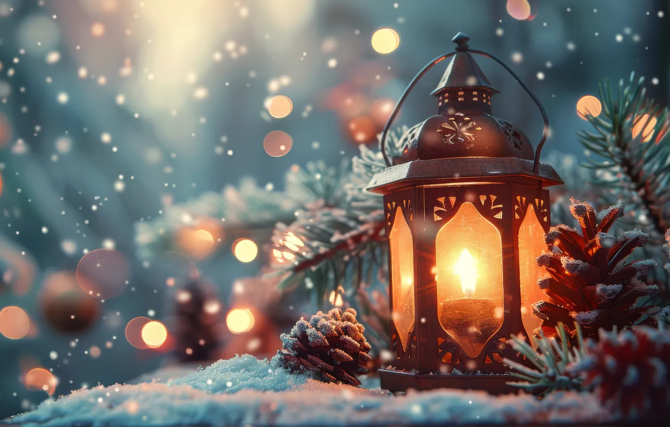 Photo wallpaper winter, snow, branches, lights, glare, lights, new year, candles