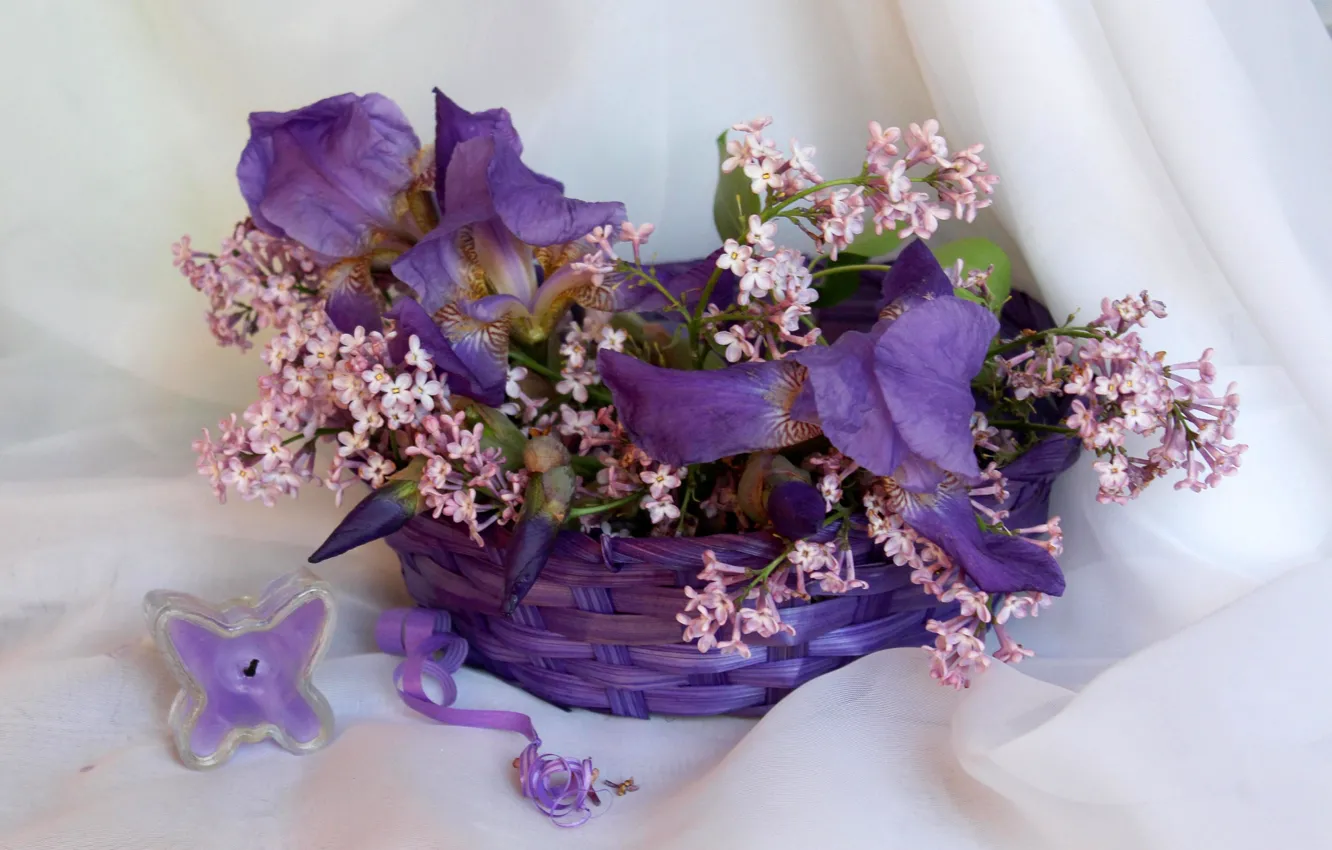 Photo wallpaper flowers, candle, still life, irises, lilac, flora