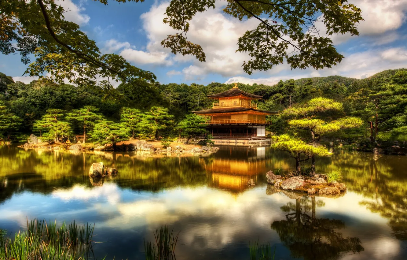 Photo wallpaper trees, lake, castle, Japan, beautiful, Kyoto