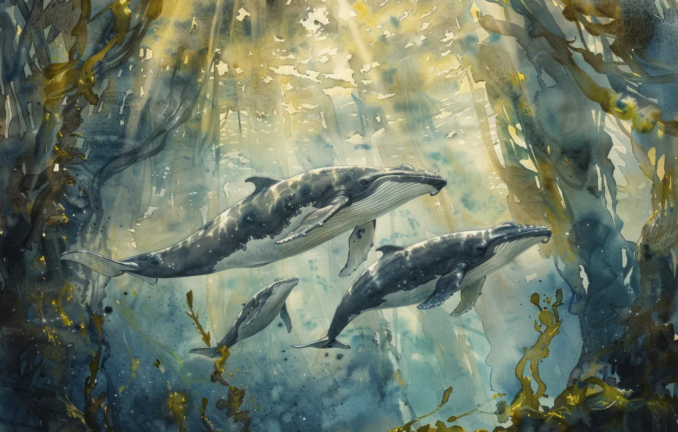 Photo wallpaper Whales, Underwater world, Three, Digital art, Algae, AI art, The Art of Artificial Intelligence, Neural …