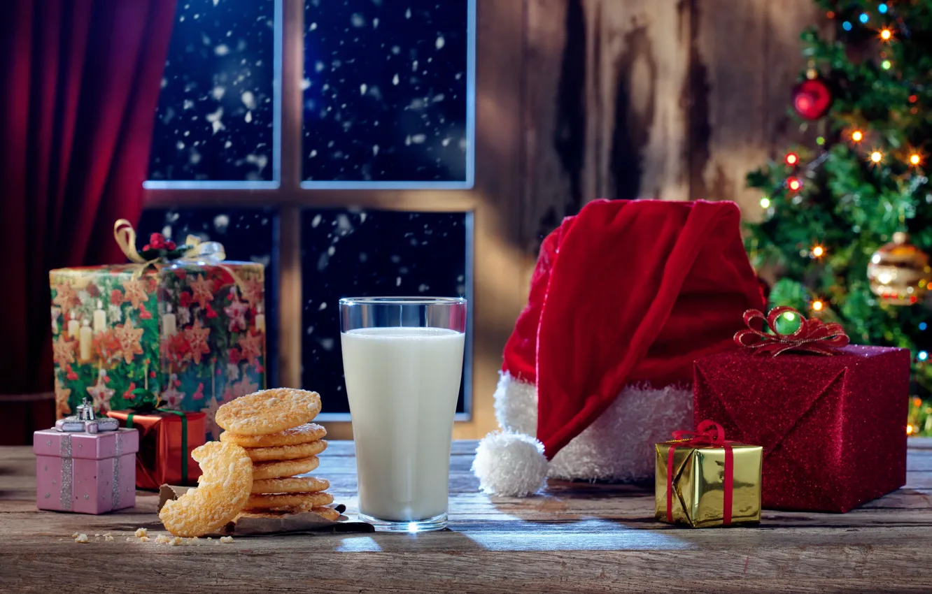 Photo wallpaper New Year, Christmas, christmas, balls, merry christmas, gift, milk, cookies