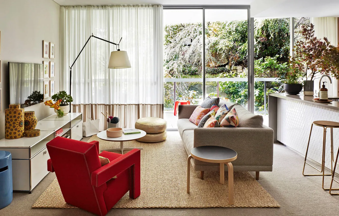 Photo wallpaper style, interior, chair, sofa, living room, mid-century modern