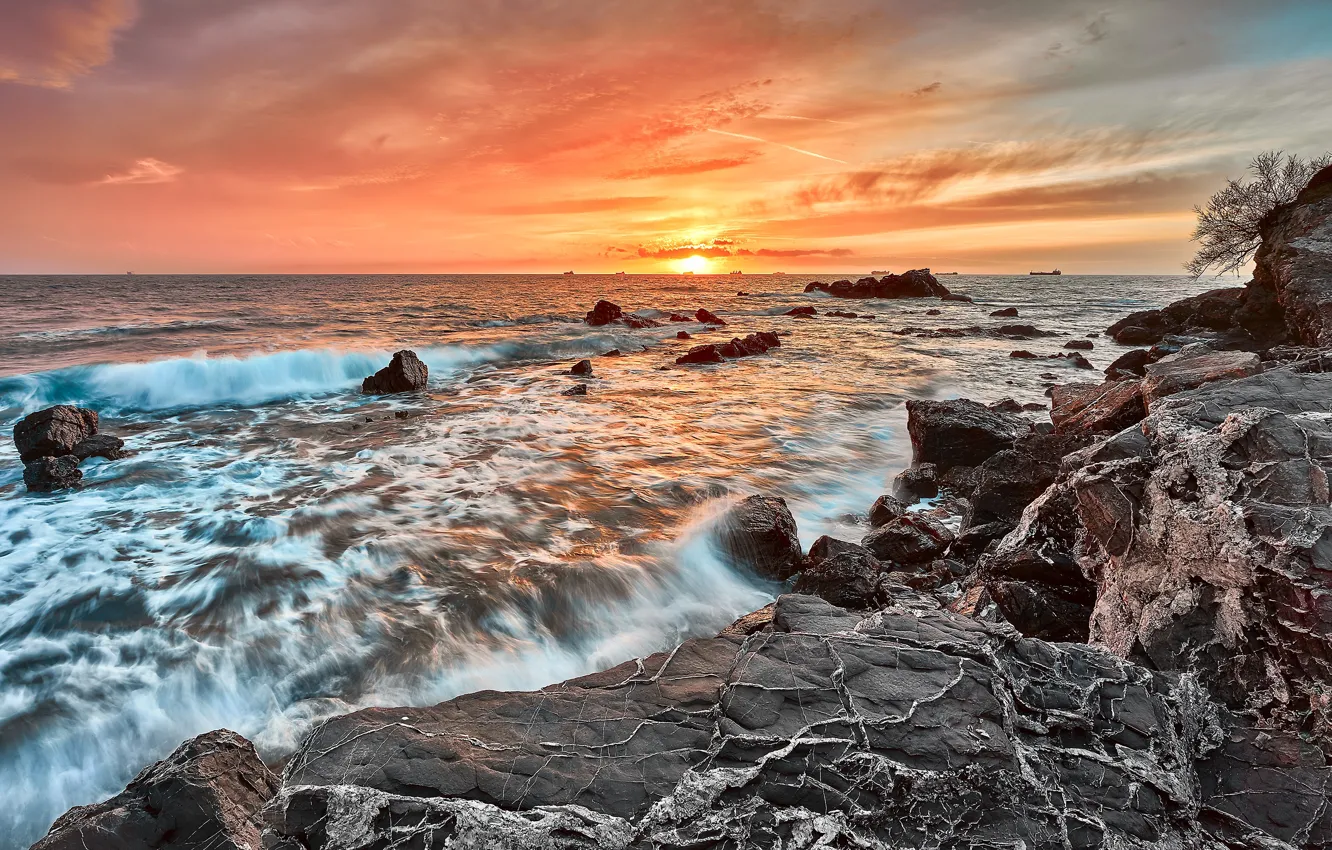 Photo wallpaper sea, wave, the sky, the sun, clouds, landscape, sunset, nature