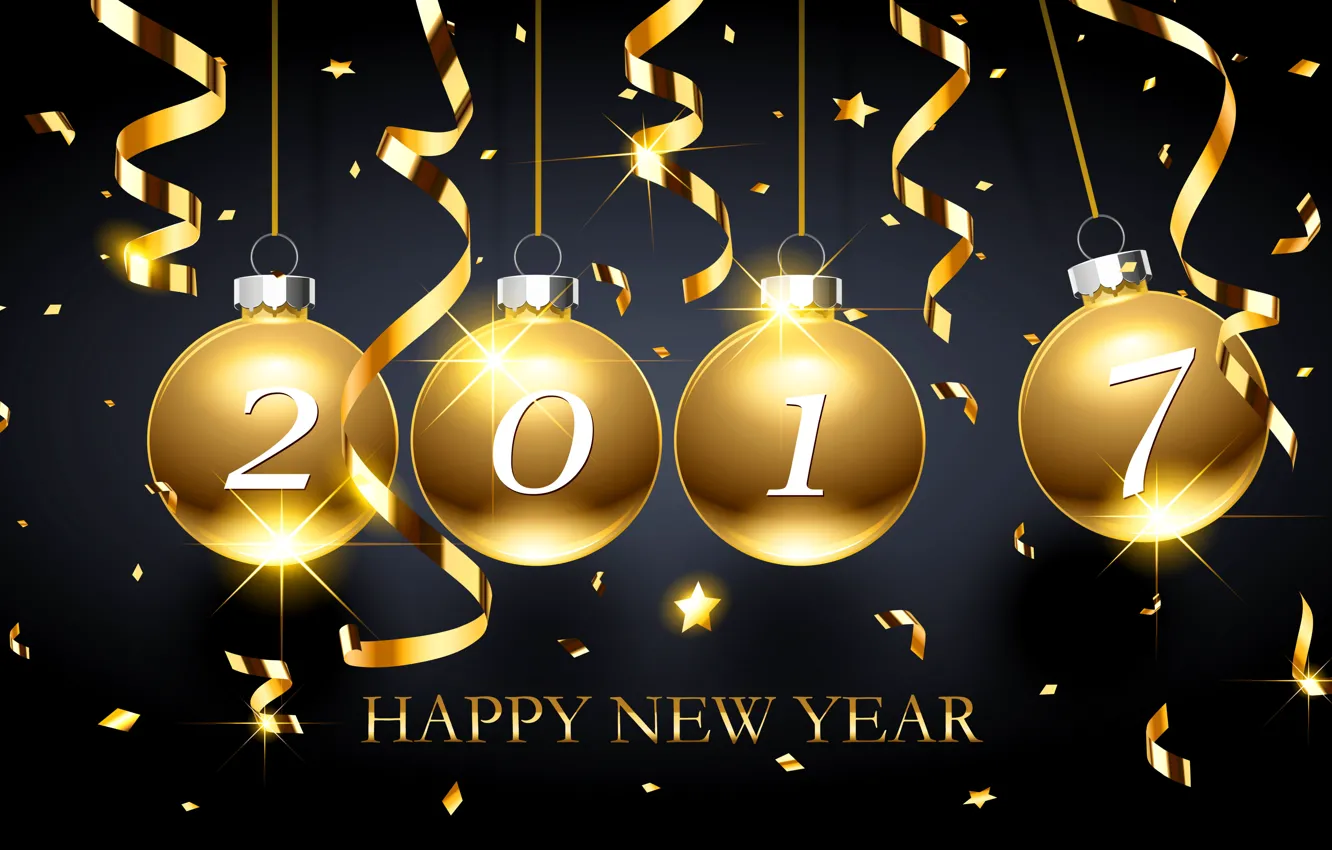Photo wallpaper new year, golden, balls, New Year, decoration, Happy, 2017, holiday celebration