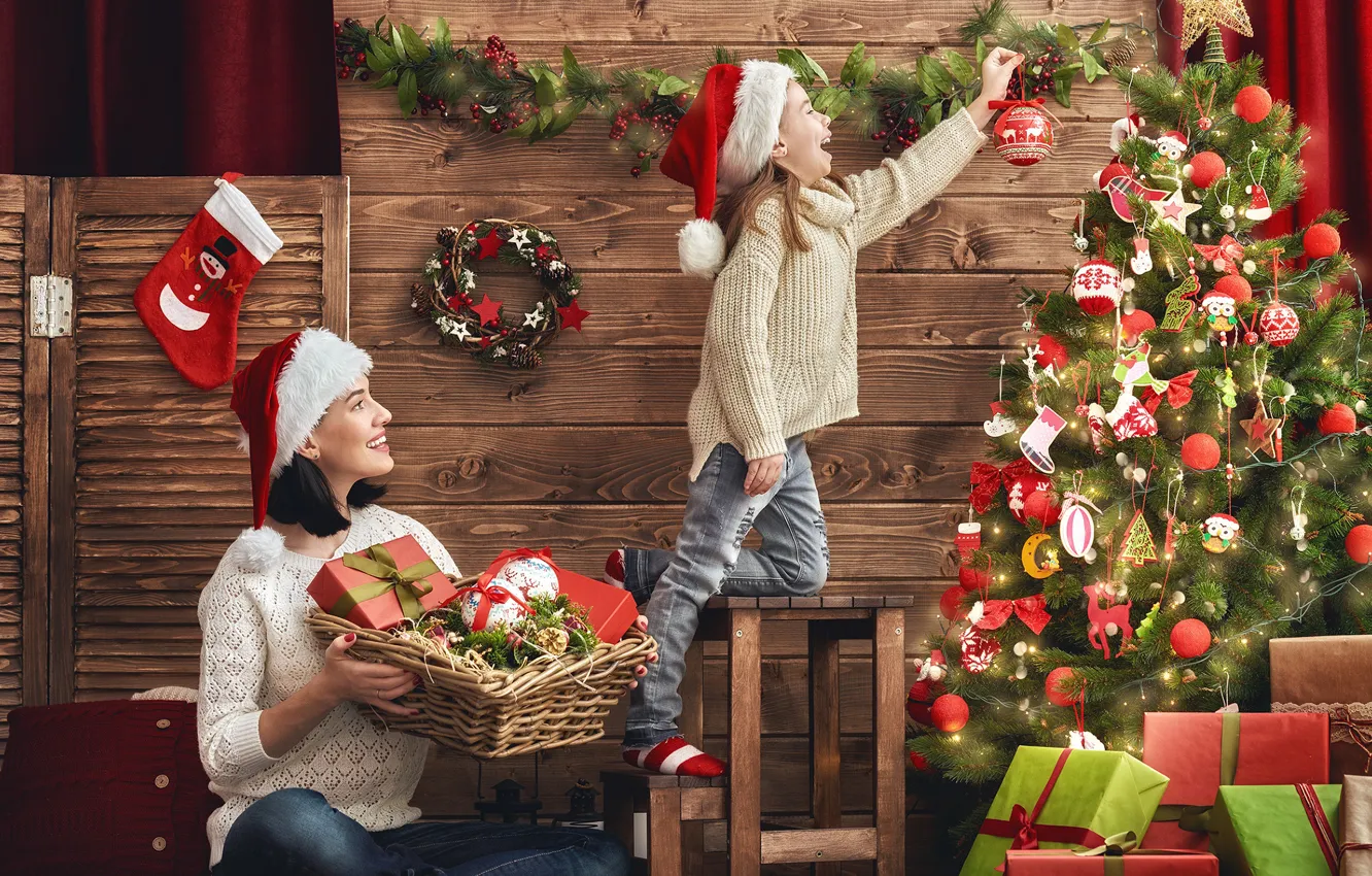 Photo wallpaper decoration, joy, photo, basket, toys, tree, girl, gifts