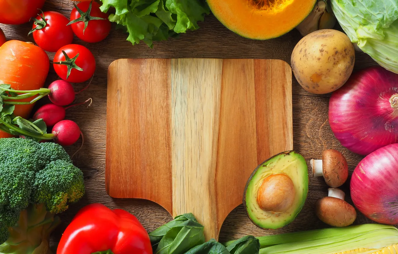 Photo wallpaper greens, Board, pepper, vegetables, tomatoes, potatoes