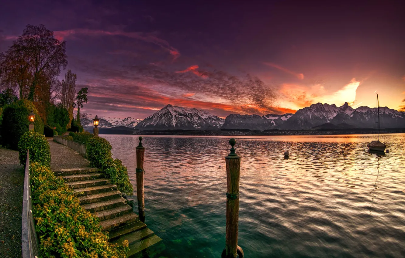 Photo wallpaper landscape, sunset, mountains, nature, lake, shore, Switzerland, lights