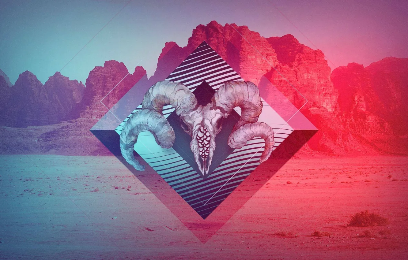 Photo wallpaper mountains, color, skull, horns, sake, art, pint