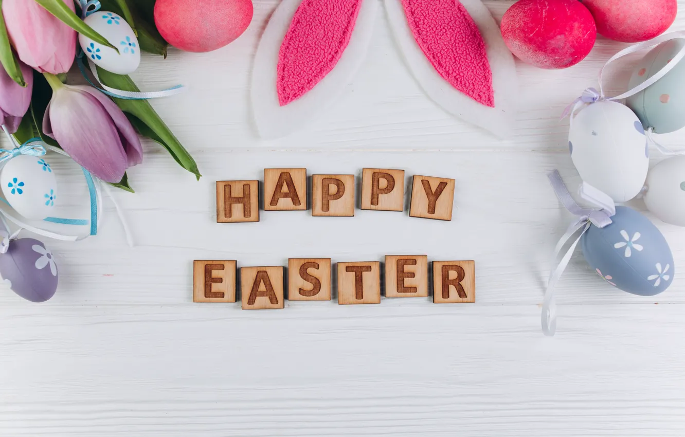 Photo wallpaper flowers, letters, holiday, eggs, spring, rabbit, Easter, tulips